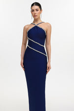 Load image into Gallery viewer, Kailani Classic Contour Halter Rhinestone Blue Bandage Maxi Dress