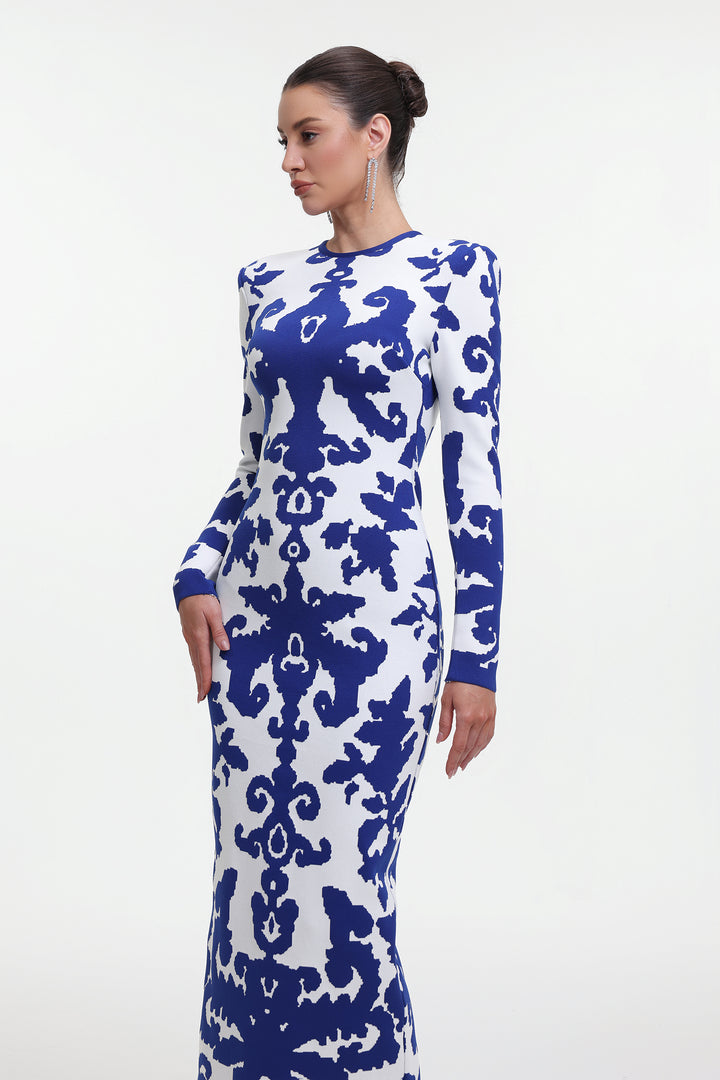 Round Neck Long Sleeve Jacquard Bandage Maxi Dress