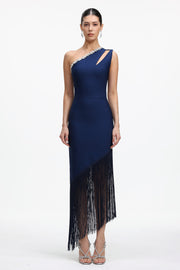 Fanya Elegant Contour One Shoulder Rhinestone Fringe Maxi Dress