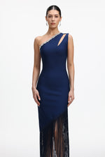Load image into Gallery viewer, Fanya Elegant Contour One Shoulder Rhinestone Fringe Maxi Dress