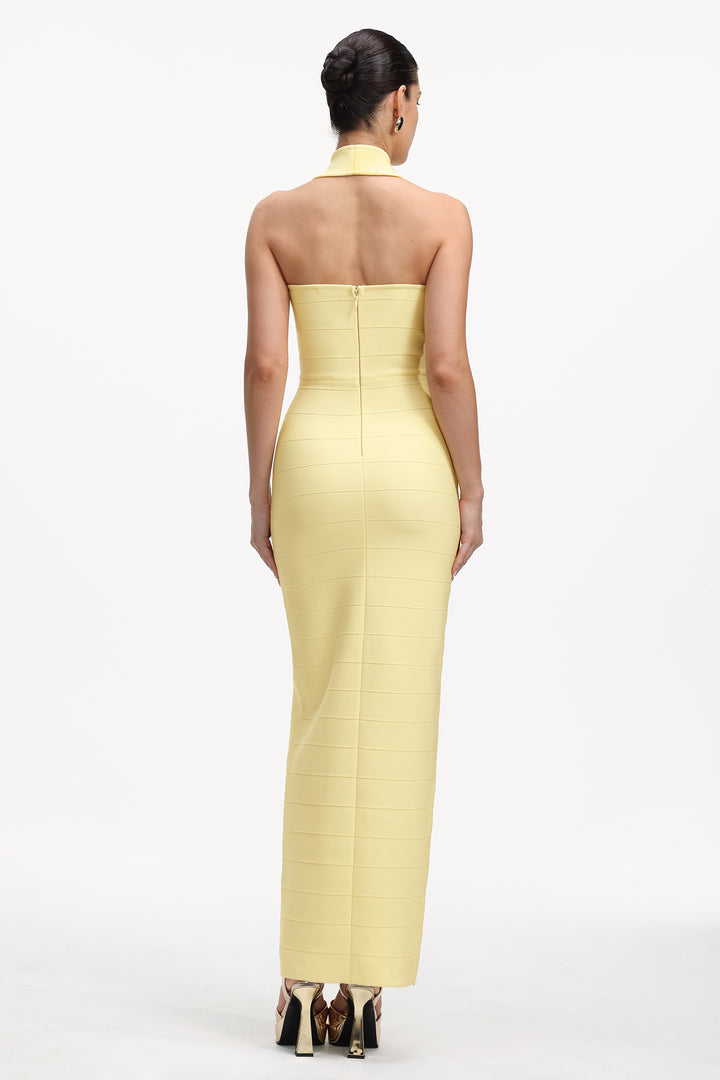 Lanla Chic Contour Halter Metal Buckle Bandage Maxi Dress