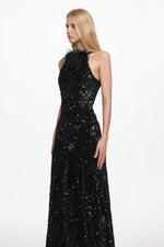 Load image into Gallery viewer, Glamorous Contour Sleeveless Feather Sequin High Slit Velvet Maxi Dress