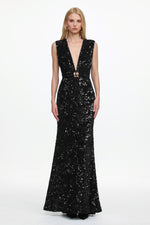Load image into Gallery viewer, Chic Contour Sleeveless Deep V Metal Buckle Sequin Velvet Maxi Dress