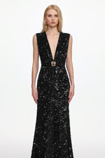 Load image into Gallery viewer, Chic Contour Sleeveless Deep V Metal Buckle Sequin Velvet Maxi Dress