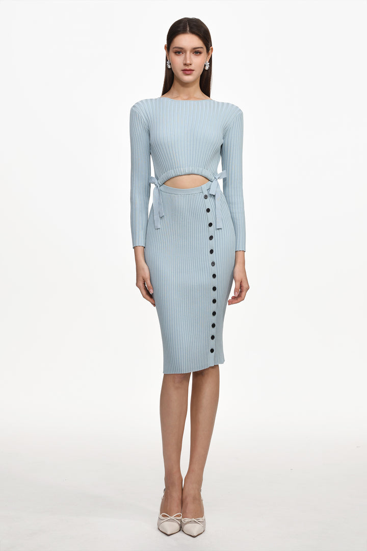 Viomo Chic Contour Round Neck Long Sleeve Buttoned Knit Midi Dress