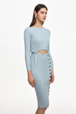 Load image into Gallery viewer, Viomo Chic Contour Round Neck Long Sleeve Buttoned Knit Midi Dress