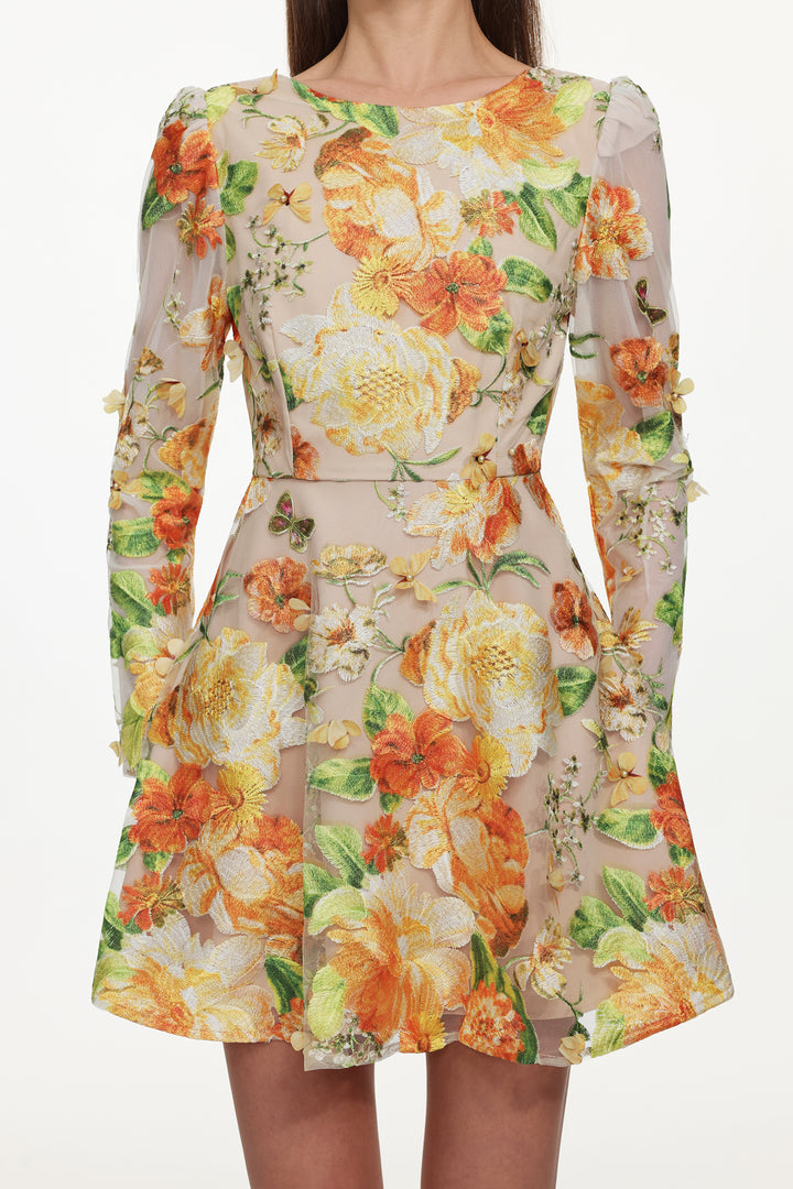 Vicky Romantic Tailored Long Sleeve Embroidered Floral Mini Dress