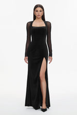 Load image into Gallery viewer, Rae Elegant  Contour Long Sleeve High Slit Velvet Maxi Dress