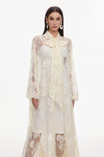 Load image into Gallery viewer, Deliyn Resort Flowy Long Sleeve Embroidered Mesh Lace Yellow Maxi Dress