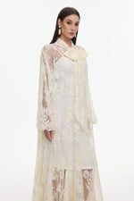 Load image into Gallery viewer, Deliyn Resort Flowy Long Sleeve Embroidered Mesh Lace Yellow Maxi Dress