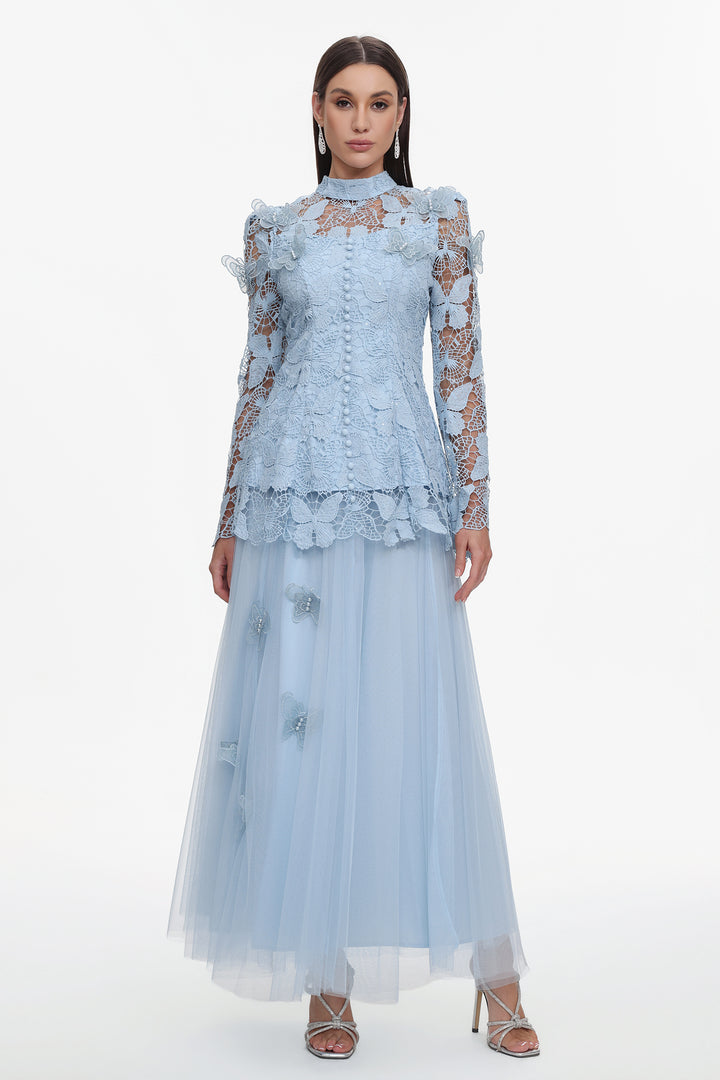 Sabina Long Sleeve Folds Lace Butterfly Top And Skirt Two-Piece Set