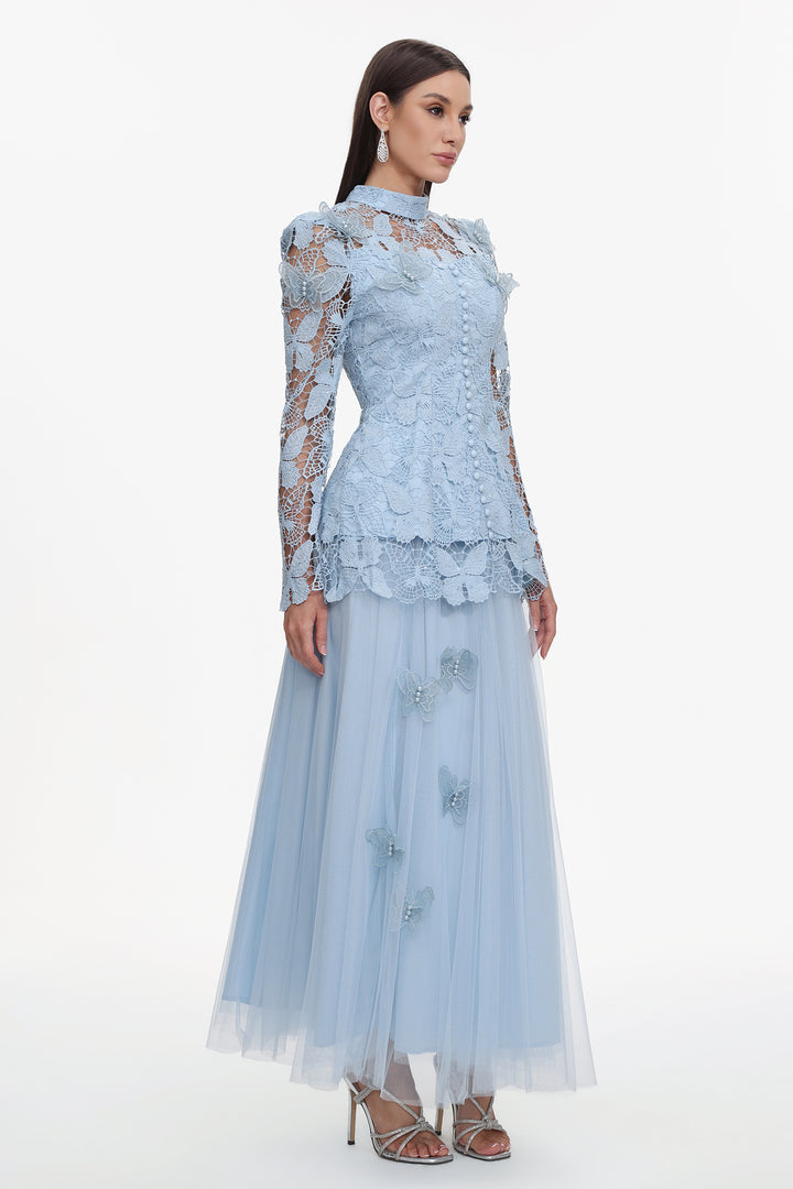 Sabina Long Sleeve Folds Lace Butterfly Top And Skirt Two-Piece Set