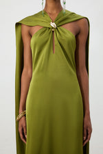Load image into Gallery viewer, Olive Green Satin Cape Column Gown