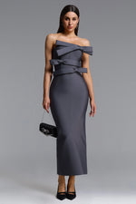 Load image into Gallery viewer, The Celestine Noir Contour Strapless Bow Silhouette Maxi Dress