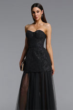 Load image into Gallery viewer, Margo Chic Contour Strapless Jacquard Floral Tulle Maxi Dress