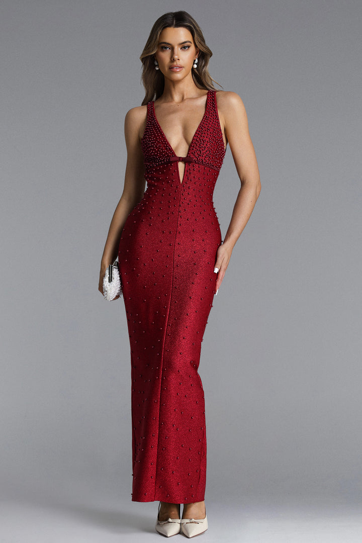 Tersa Romantic Contour Sleeveless Deep V Beaded Maxi Dress	