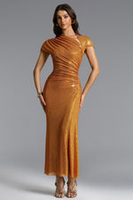 Load image into Gallery viewer, Pora Chic Contour Asymmetric Ruched Crystal Knit Maxi Dress