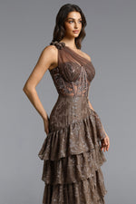 Load image into Gallery viewer, Hedar Romantic Tailored One Shoulder Cut Out Ruffle Embellished Sequin Maxi Dress