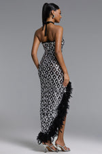 Load image into Gallery viewer, Raola Glamorous Contour Halter Rhinestone Sequin Feather Maxi Dress