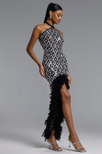 Load image into Gallery viewer, Raola Glamorous Contour Halter Rhinestone Sequin Feather Maxi Dress