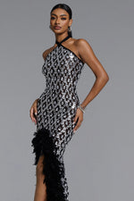Load image into Gallery viewer, Raola Glamorous Contour Halter Rhinestone Sequin Feather Maxi Dress