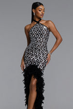 Load image into Gallery viewer, Raola Glamorous Contour Halter Rhinestone Sequin Feather Maxi Dress