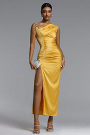 Marcella Chic Contour Asymmetrical Pleated Satin Maxi Dress