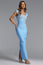 Load image into Gallery viewer, Vafa Glamorous Contour Square Neck Pearl Rhinestone Bandage Maxi Dress