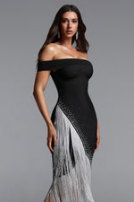 Load image into Gallery viewer, Tata Chic Contour Off Shoulder Fringe Bandage Maxi Dress