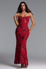Load image into Gallery viewer, Ririe Romantic Contour Strapless Floral Applique Knit Maxi Dress	