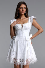 Load image into Gallery viewer, Henrietta Resort Flowy Short Sleeve Bow Ruched Woven Mini Dress	