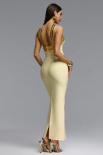 Load image into Gallery viewer, Riza Chic Contour Halter Rhinestone Bandage Yellow Maxi Dress