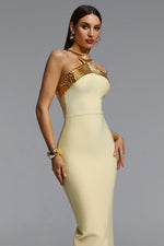 Load image into Gallery viewer, Riza Chic Contour Halter Rhinestone Bandage Yellow Maxi Dress