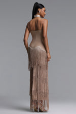 Load image into Gallery viewer, Nikki Elegant Contour Strapless Rhinestone Fringe Midi Dress