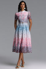 Load image into Gallery viewer, Weiss Resort Cinched Short Sleeve Floral Print Lace Midi Dress
