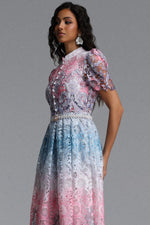 Load image into Gallery viewer, Weiss Resort Cinched Short Sleeve Floral Print Lace Midi Dress