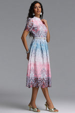 Load image into Gallery viewer, Weiss Resort Cinched Short Sleeve Floral Print Lace Midi Dress