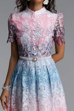 Load image into Gallery viewer, Weiss Resort Cinched Short Sleeve Floral Print Lace Midi Dress