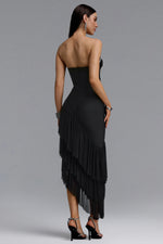 Load image into Gallery viewer, Ella Dynamic Contour Strapless Floral Leaf Rhinestone Asymmetric Mesh Bandage Midi Dress	