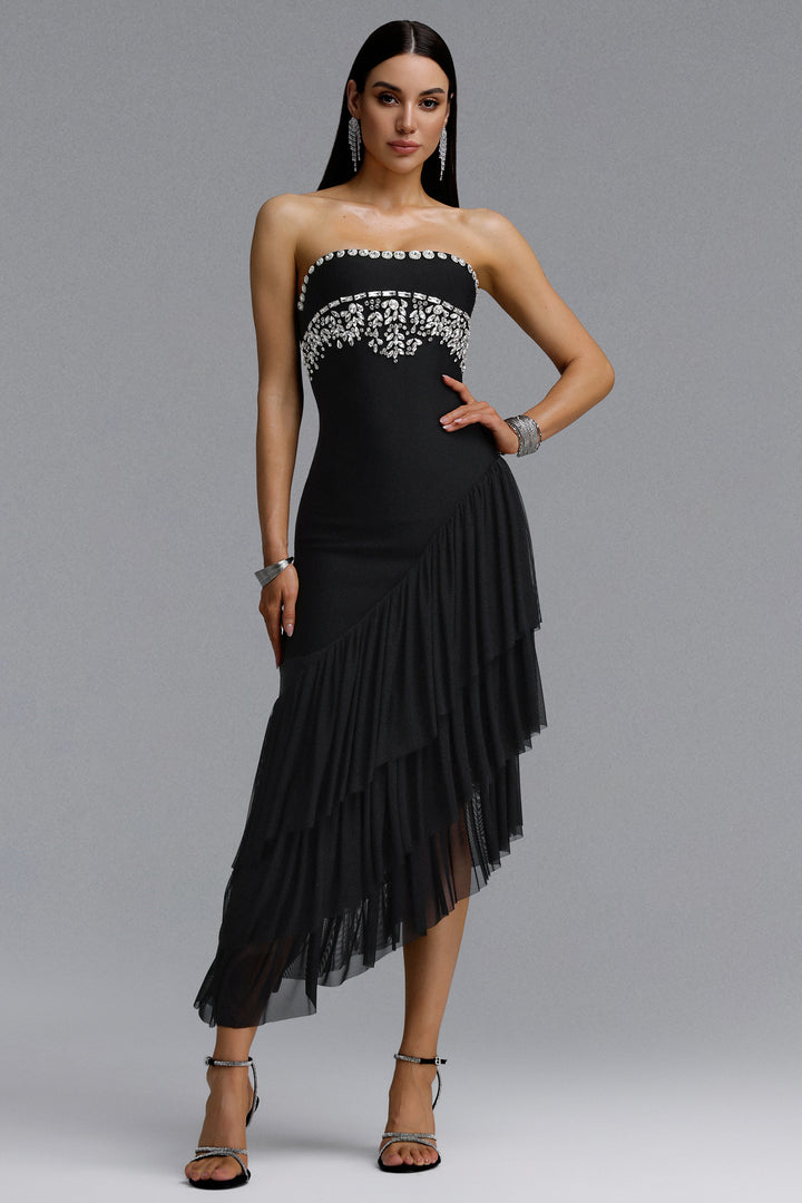 Ella Dynamic Contour Strapless Floral Leaf Rhinestone Asymmetric Mesh Bandage Midi Dress	