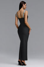 Load image into Gallery viewer, Lila Elegant Contour Spaghetti Strap V Neck Large Leaf Rhinestone Bandage Midi Dress