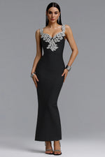 Load image into Gallery viewer, Lila Elegant Contour Spaghetti Strap V Neck Large Leaf Rhinestone Bandage Midi Dress