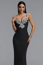 Load image into Gallery viewer, Lila Elegant Contour Spaghetti Strap V Neck Large Leaf Rhinestone Bandage Midi Dress