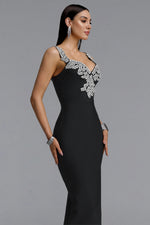 Load image into Gallery viewer, Lila Elegant Contour Spaghetti Strap V Neck Large Leaf Rhinestone Bandage Midi Dress