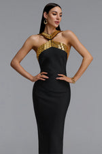 Load image into Gallery viewer, Riza Chic Contour Halter Rhinestone Bandage Gold Maxi Dress