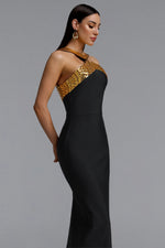Load image into Gallery viewer, Riza Chic Contour Halter Rhinestone Bandage Gold Maxi Dress