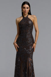Yuhie Luxurious Contour Halter Open Back Floral Sequin Midi Dress	