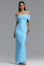 Load image into Gallery viewer, Isme Elegant Contour Off Shoulder Pearl Rhinestone Bandage Blue Maxi Dress	