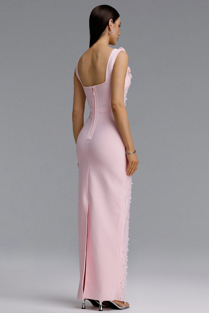 Shea Elegant Contour Square Neck Floral Pearl Bandage Pink Maxi Dress	