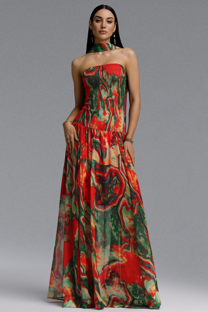 Roxany Vintage Contour Halter Strapless Scarf Fluid Oil Paint Maxi Dress	